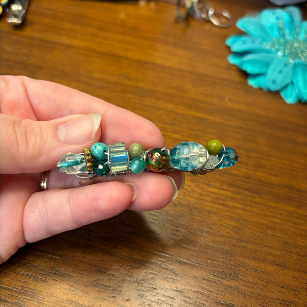 New Handcrafted Beaded hair clip with Blue and Green Accents colorful whimsical